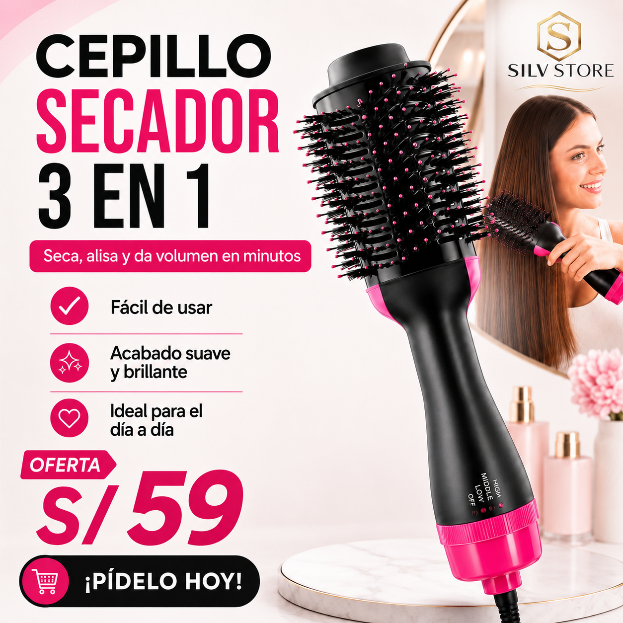 Cepillo Secador 3 en 1 – Seca, Alisa y Da Volumen