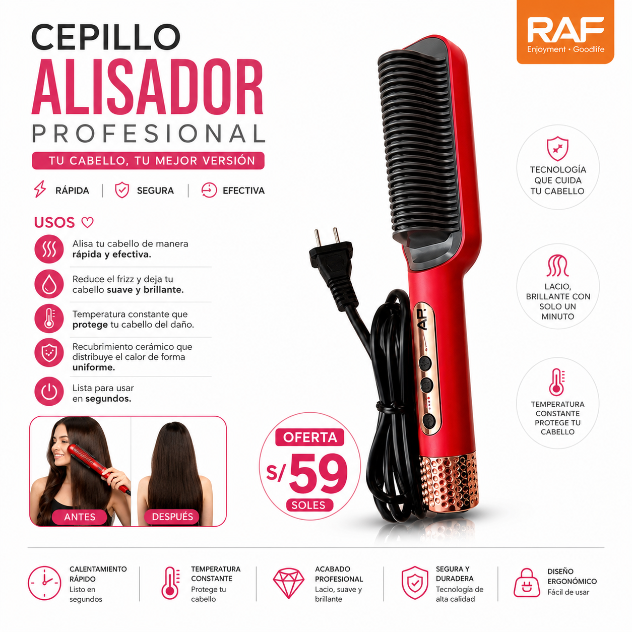 Cepillo Alisador Profesional RAF – Alisado Rápido y Sin Frizz