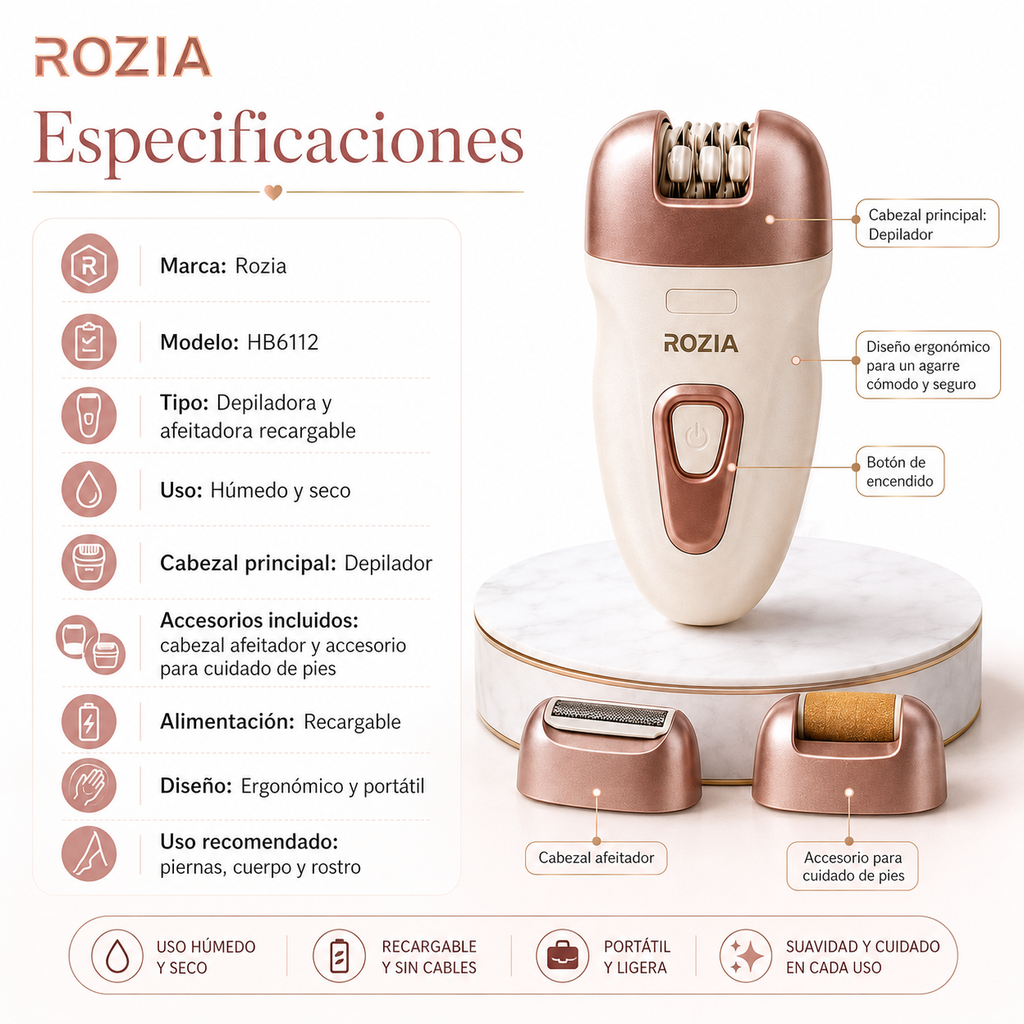 Depiladora Facial y Corporal para Dama 3 en 1 Recargable Rozia con Afeitadora y Callos