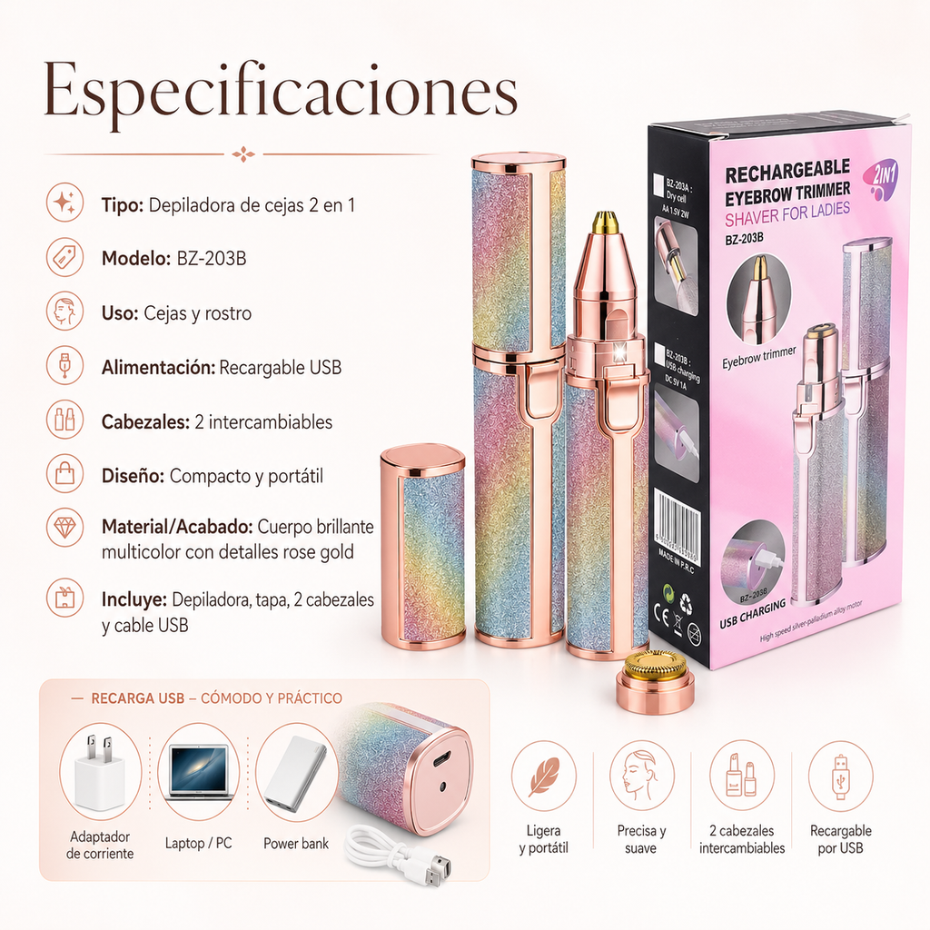 Depilador 2 en 1 Facial y Ceja Eléctrico Inalámbrico Recargable Belleza